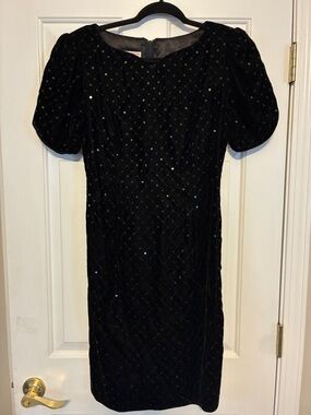 Talbots Black Sequined Velvet Midi Dress with Puff Sleeves